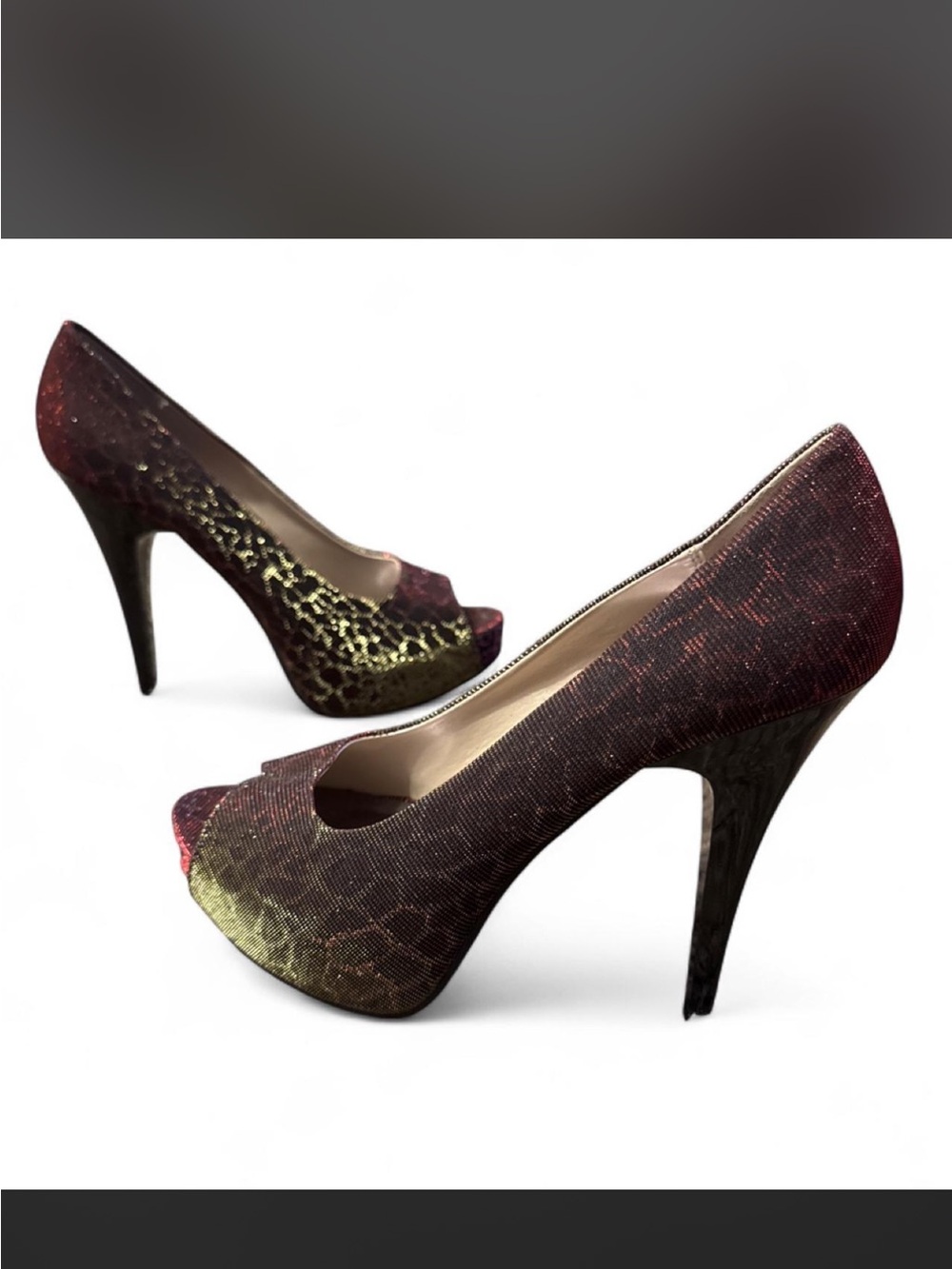 Chinese Laundry Iridescent Peep-Toe Stiletto Heels in animal print